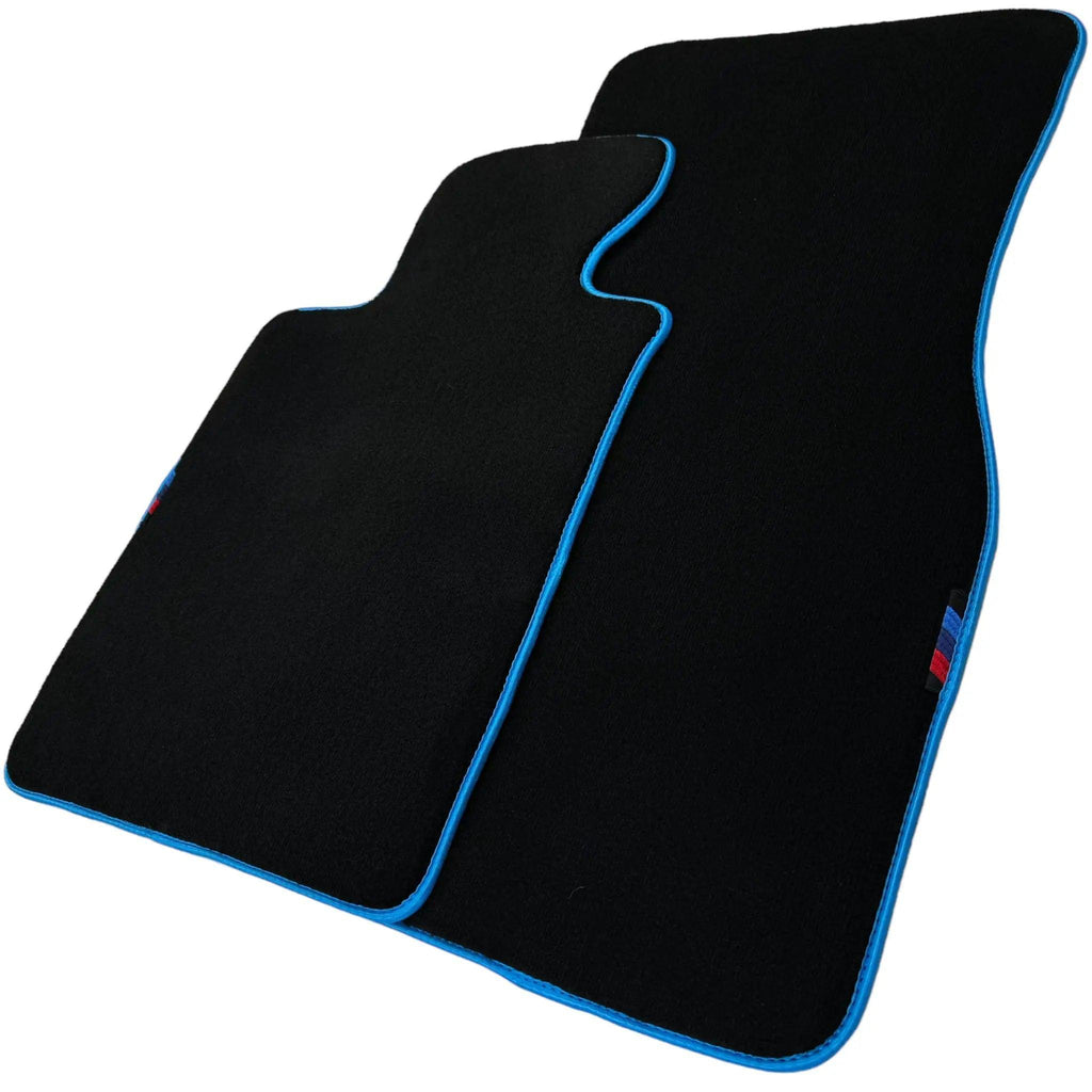 Black Floor Mats For BMW G60 (2023-2026) Sedan | Sky Blue Trim Custom Fit Premium Velour Floor Mats