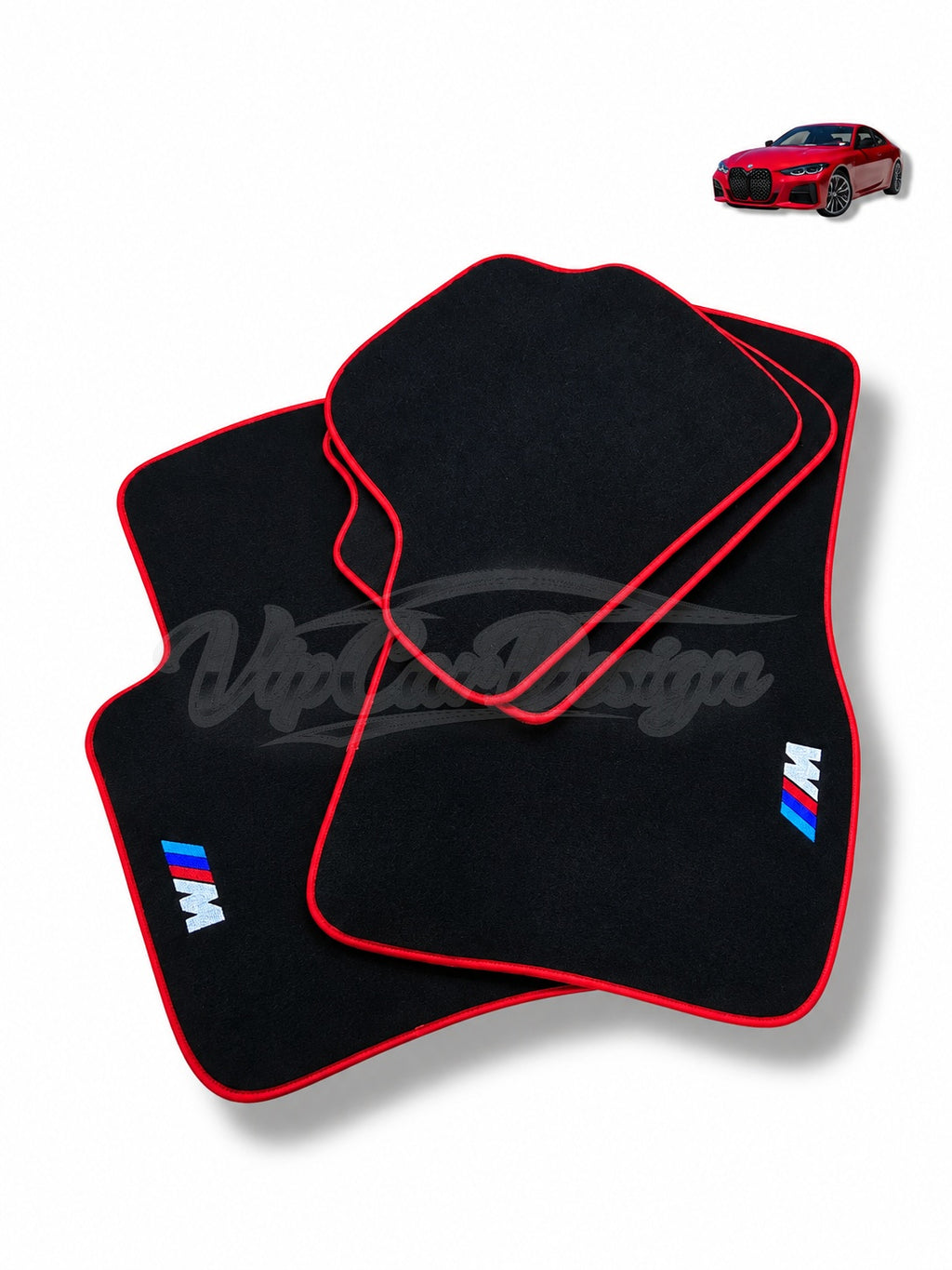 BMW 1 Series E87 (2002-2011) Custom Fit Velour Floor Mats - M Logo - Red Edging - Full Set Angled View | VipCarDesign