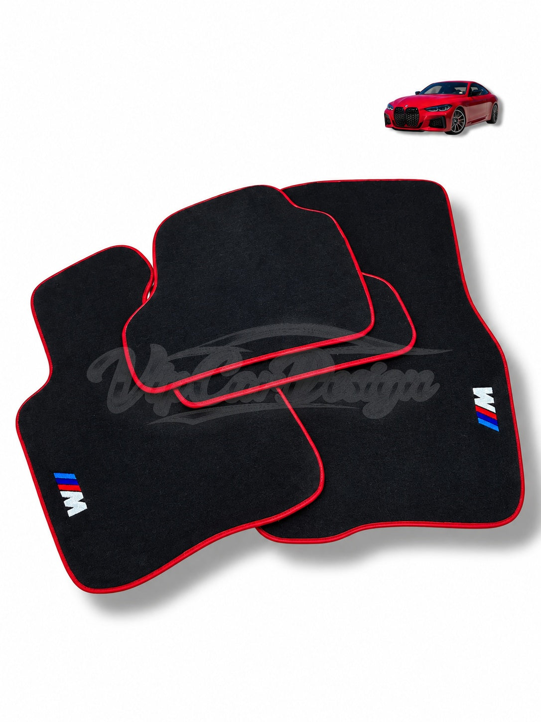 BMW 2 Series F23 Conv. (2014-2021) Custom Fit Velour Floor Mats - M Logo - Red Edging - Complete Set Overview | VipCarDesign