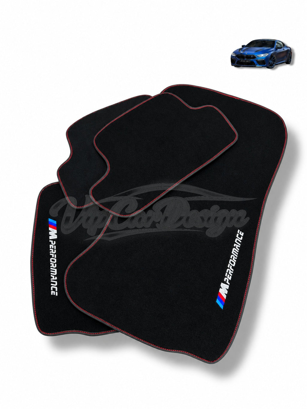 BMW 6 Series E63 (2004-2010) Custom Fit Velour Floor Mats - M Performance Logo - Red Stitching - Complete Set Overview | VipCarDesign