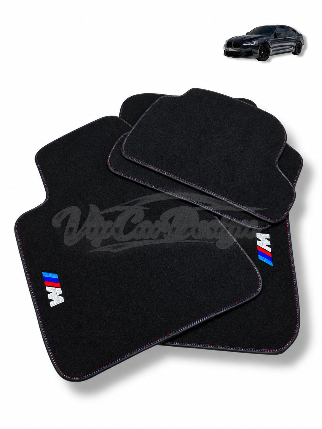 BMW E39 Custom Fit Velour Floor Mats - M Logo - Tricolour Stitching - Full Set Angled View | VipCarDesign