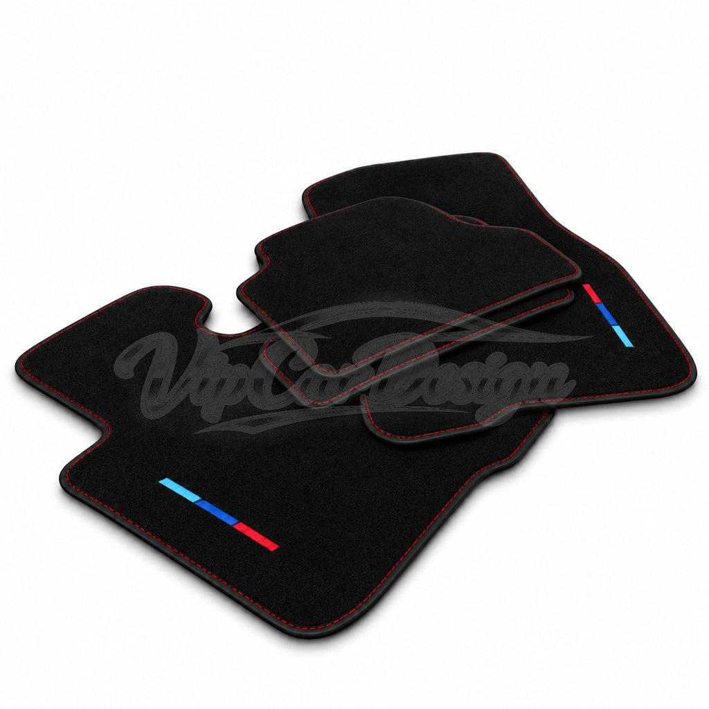 BMW E39 Custom Fit Velour Floor Mats - M Stripes Logo - Red Stitching - Full Set Angled View | VipCarDesign