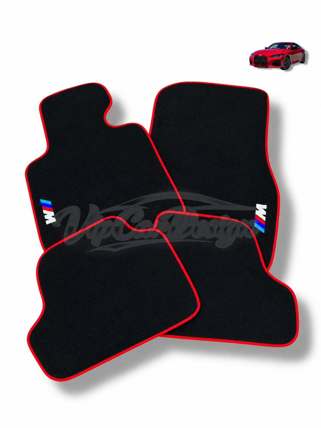 BMW i3 Custom Fit Velour Floor Mats - M Logo - Red Edging - Set Top View | VipCarDesign