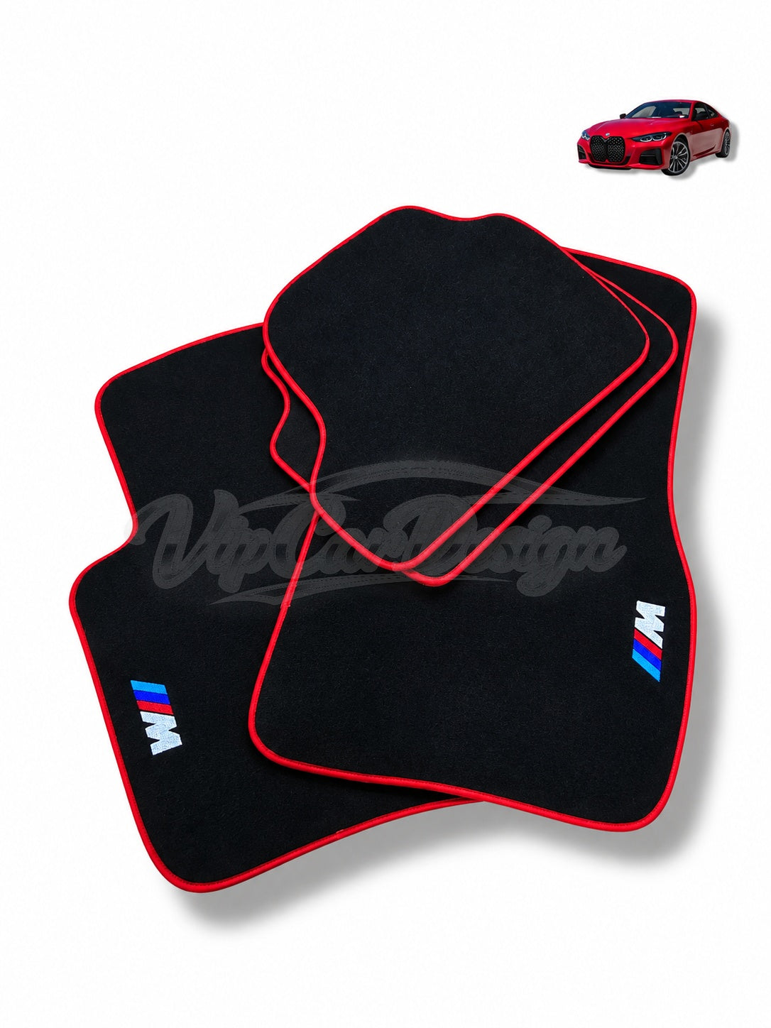 BMW i4 Custom Fit Velour Floor Mats - M Logo - Red Edging - Full Set Angled View | VipCarDesign