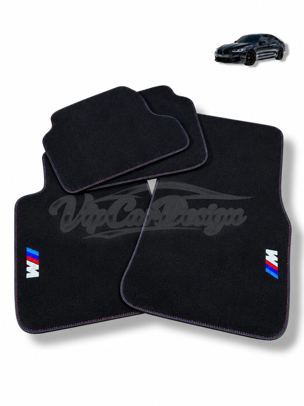 BMW i4 Custom Fit Velour Floor Mats - M Logo - Tricolour Stitching - Complete Set Overview | VipCarDesign