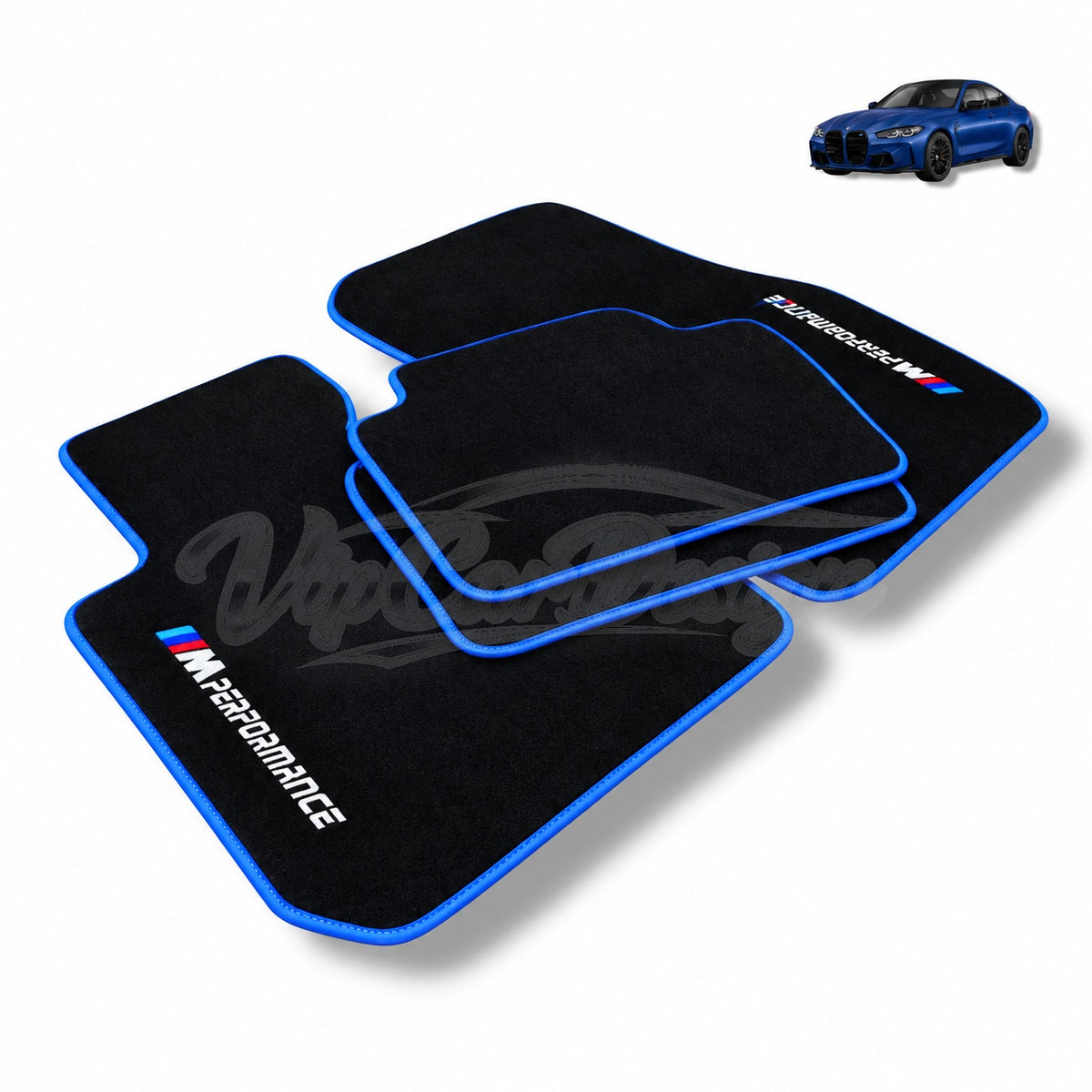 BMW i4 Custom Fit Velour Floor Mats - M Performance Logo - Blue Edging - Complete Set Overview | VipCarDesign