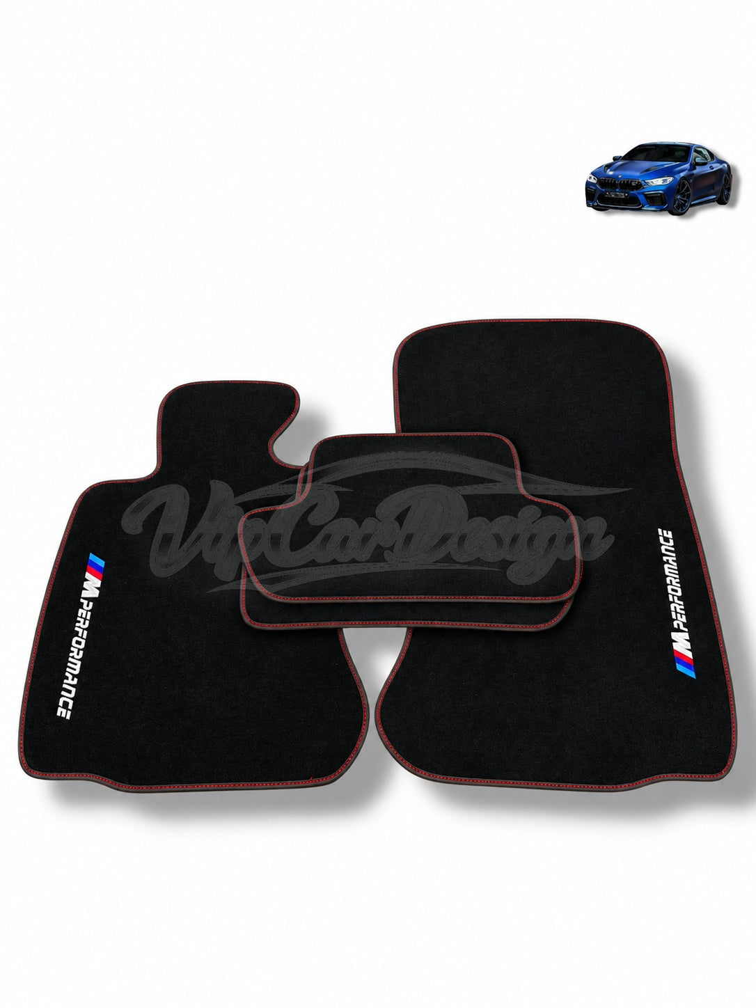 BMW i4 Custom Fit Velour Floor Mats - M Performance Logo - Red Stitching - Set Top View | VipCarDesign