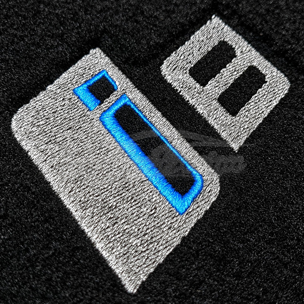 BMW i8 Custom Fit Velour Floor Mats - i8 Logo - Blue Edging - Embroidered Logo Detail | VipCarDesign