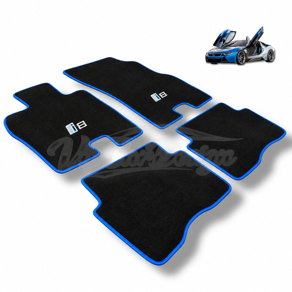 BMW i8 Custom Fit Velour Floor Mats - i8 Logo - Blue Edging - Complete Set Overview | VipCarDesign