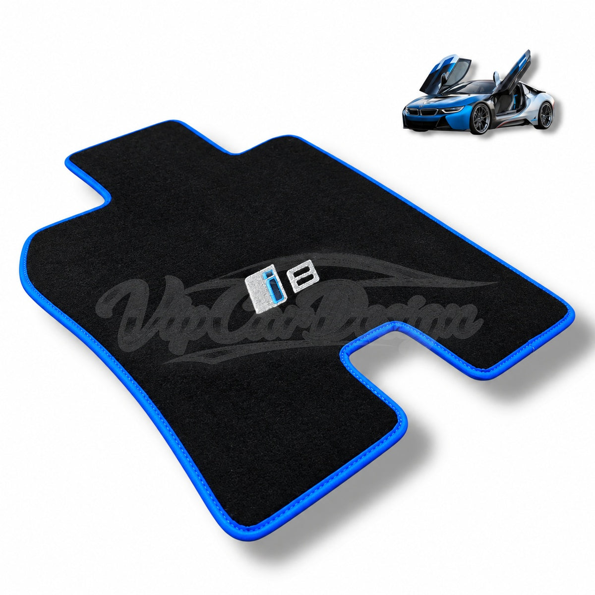 BMW i8 Custom Fit Velour Floor Mats - i8 Logo - Blue Edging - Single Mat Detail | VipCarDesign