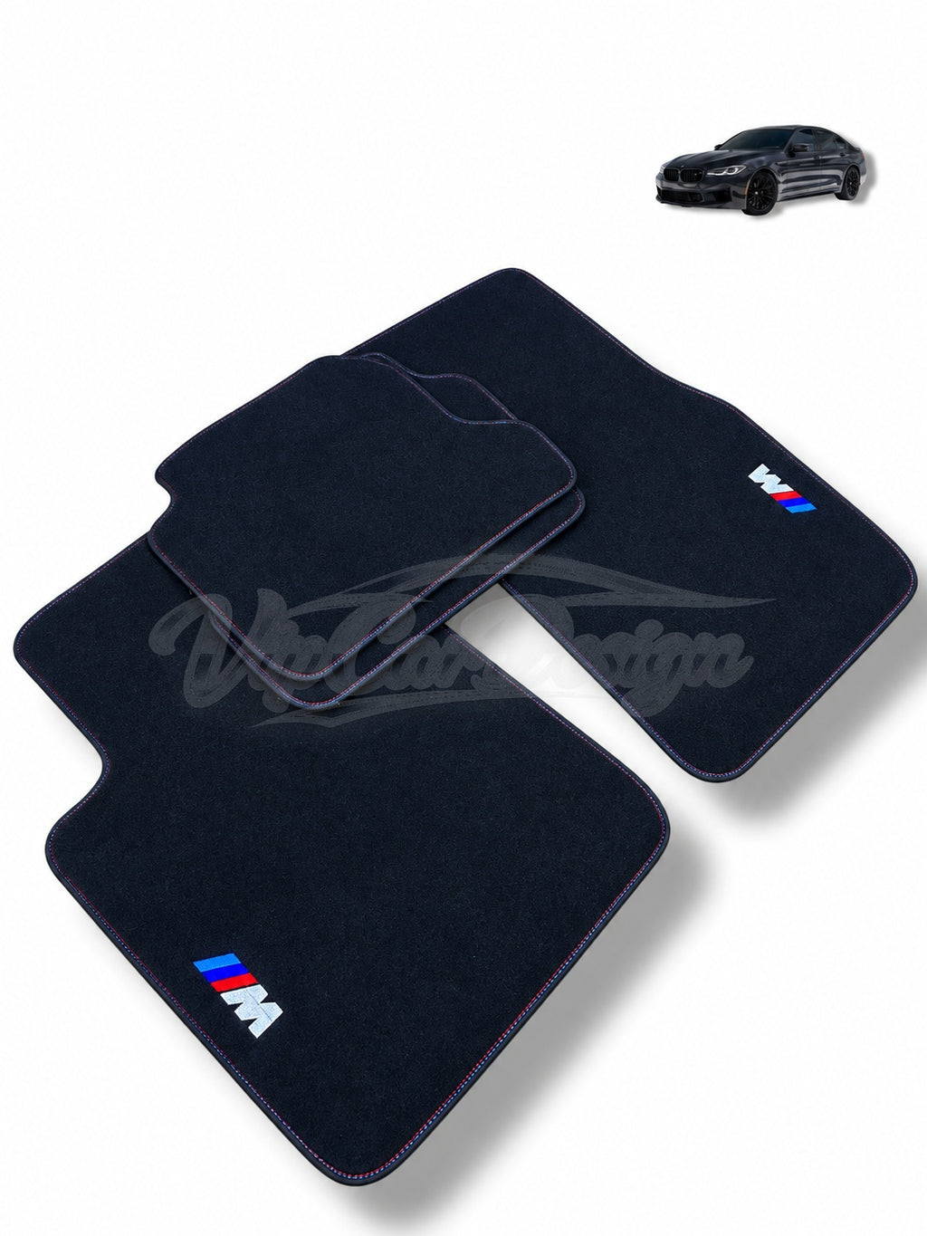 BMW i8 Custom Fit Velour Floor Mats - M Logo - Tricolour Stitching - Set Top View | VipCarDesign
