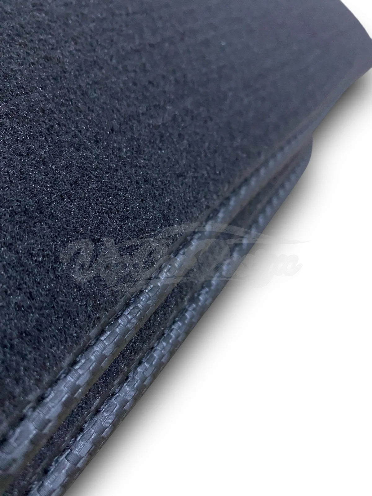 BMW i8 Custom Fit Velour Floor Mats - M Performance Logo - Red Stitching - Carpet and Stitching Close-Up | VipCarDesign