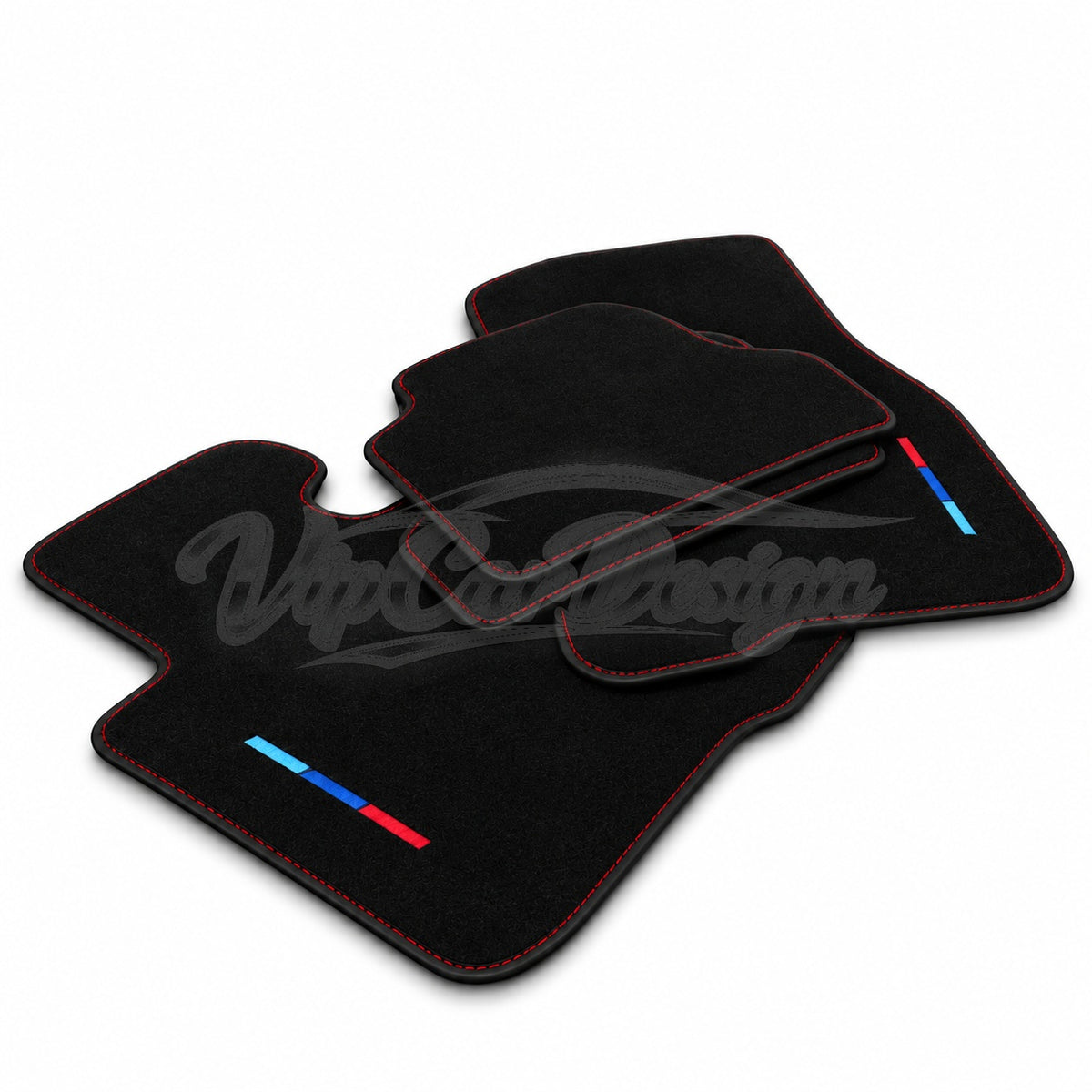 BMW i8 Custom Fit Velour Floor Mats - M Stripes Logo - Red Stitching - Full Set Angled View | VipCarDesign