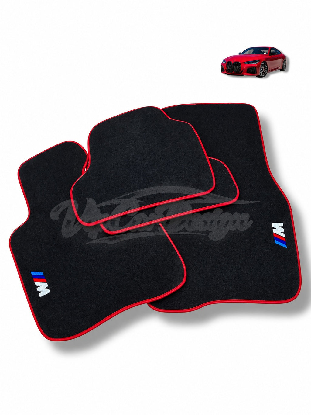 BMW iX1 - U11 SUV (2023-2026) Custom Fit Velour Floor Mats - M Logo - Red Edging - Complete Set Overview | VipCarDesign
