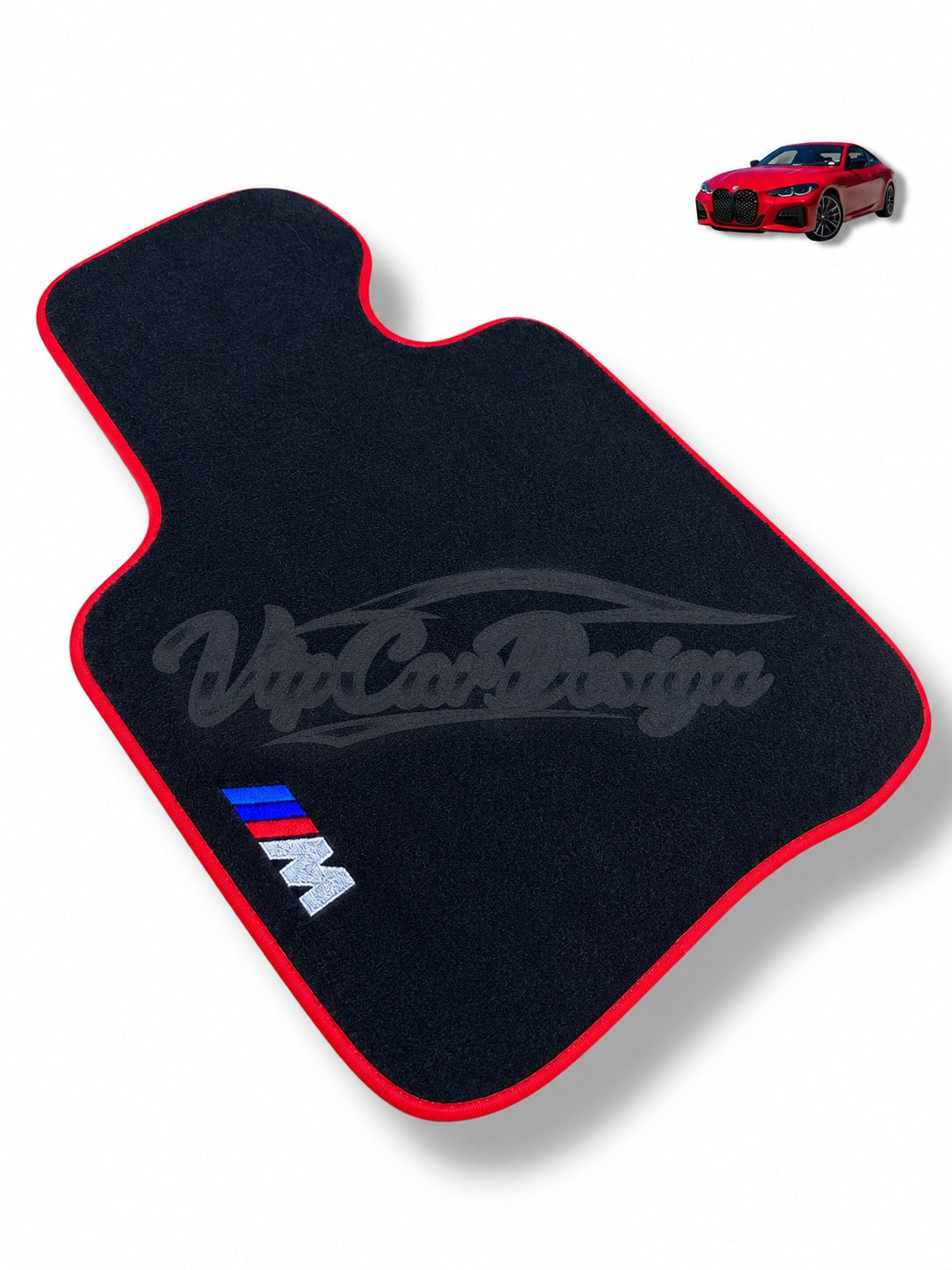 BMW M3 E36 (1992-1999) Custom Fit Velour Floor Mats - M Logo - Red Edging - Single Mat Detail | VipCarDesign