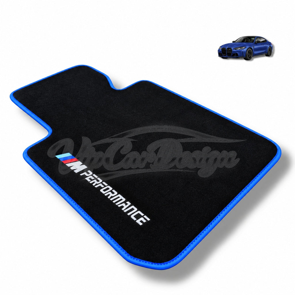 BMW M3 E46 (2000-2006) Custom Fit Velour Floor Mats - M Performance Logo - Blue Edging - Single Mat Detail | VipCarDesign