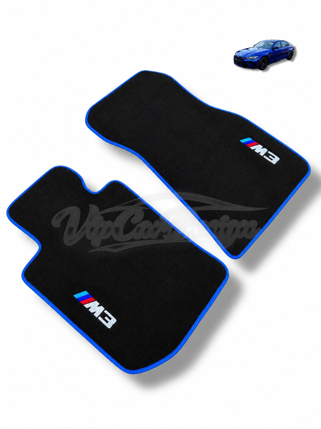 BMW M3 E46 (2000-2006) Custom Fit Velour Floor Mats - M3 Logo - Blue Edging - Rear Floor Mats | VipCarDesign