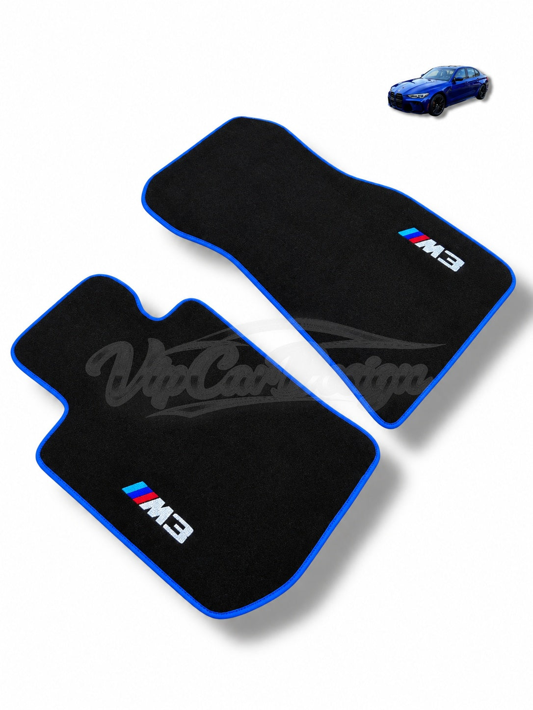 BMW M3 E46 (2000-2006) Custom Fit Velour Floor Mats - M3 Logo - Blue Edging - Rear Floor Mats | VipCarDesign