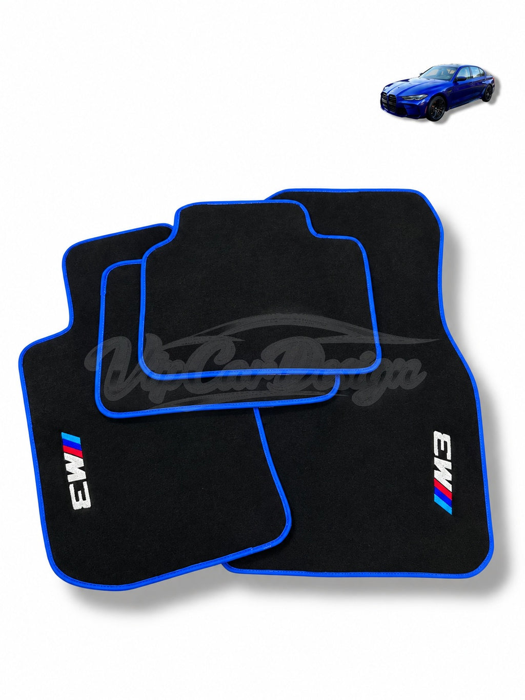 BMW M3 E46 (2000-2006) Custom Fit Velour Floor Mats - M3 Logo - Blue Edging - Set Top View | VipCarDesign
