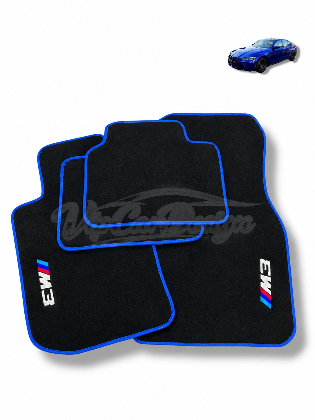 BMW M3 E46 (2000-2006) Custom Fit Velour Floor Mats - M3 Logo - Blue Edging - Set Top View | VipCarDesign