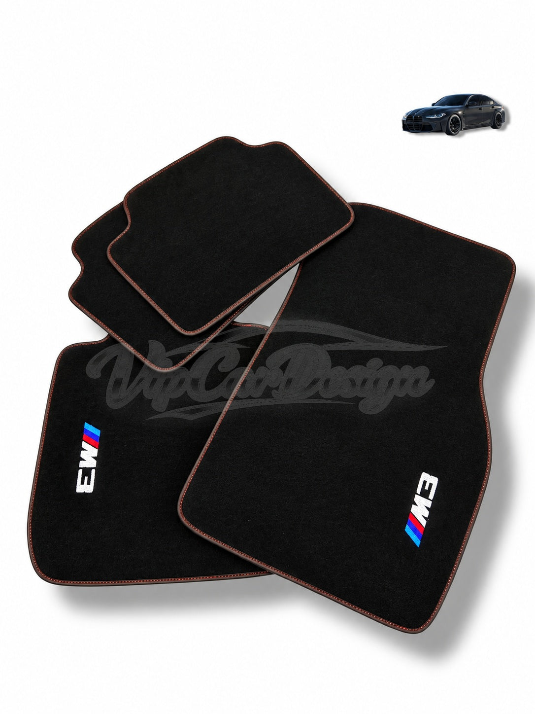 BMW M3 E46 (2000-2006) Custom Fit Velour Floor Mats - M3 Logo - Red Stitching - Full Set Angled View | VipCarDesign