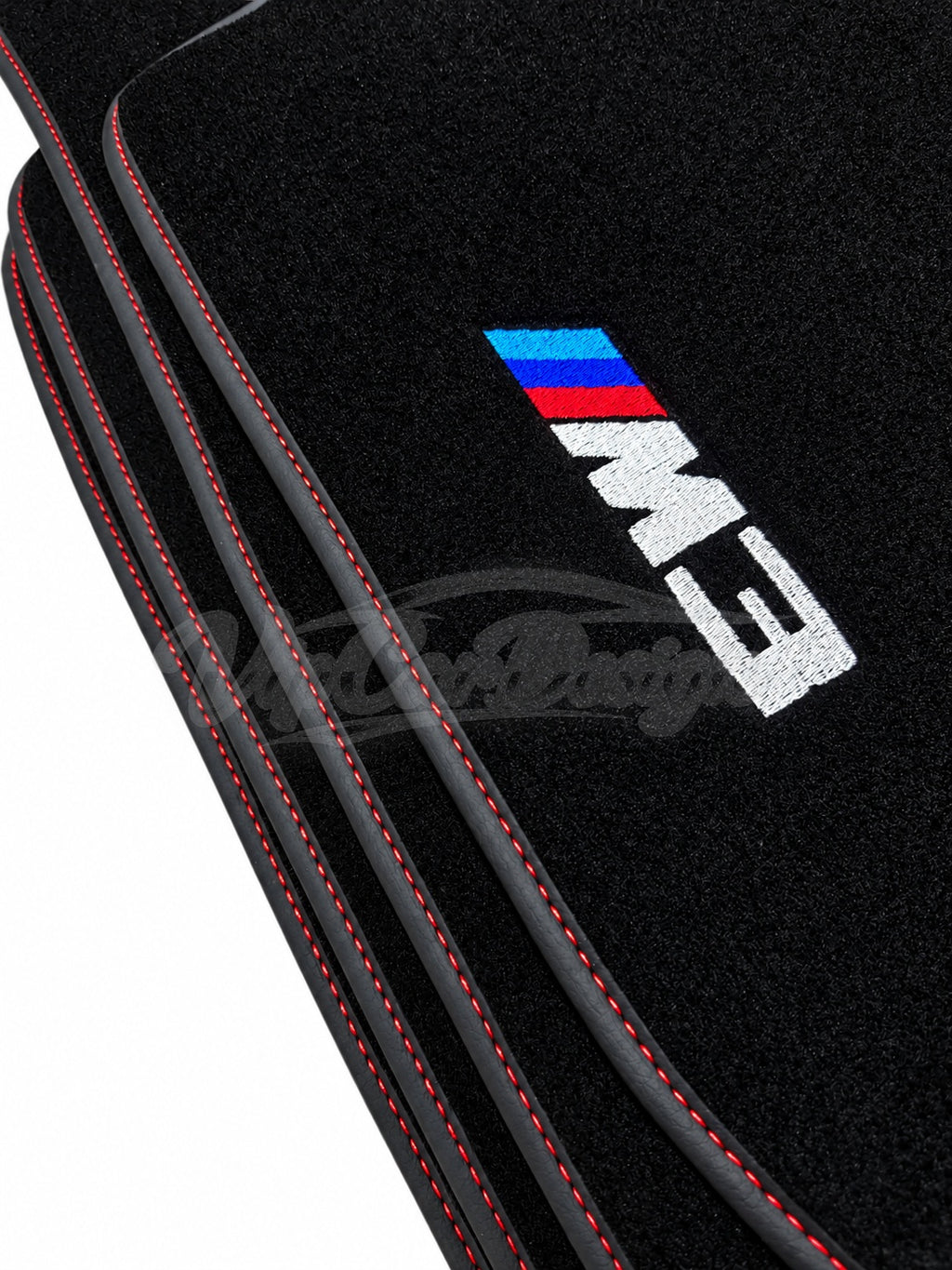 BMW M3 E46 (2000-2006) Custom Fit Velour Floor Mats - M3 Logo - Red Stitching - Embroidered Logo Detail | VipCarDesign