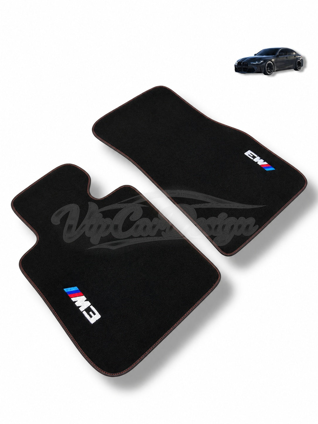 BMW M3 E46 (2000-2006) Custom Fit Velour Floor Mats - M3 Logo - Red Stitching - Rear Floor Mats | VipCarDesign