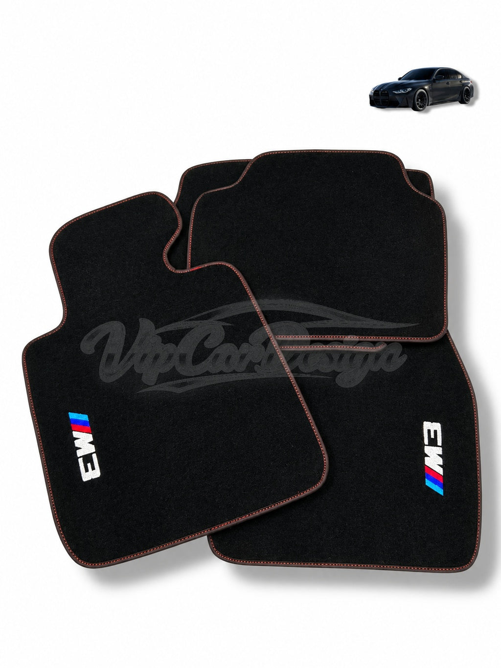 BMW M3 E46 (2000-2006) Custom Fit Velour Floor Mats - M3 Logo - Red Stitching - Complete Set Overview | VipCarDesign