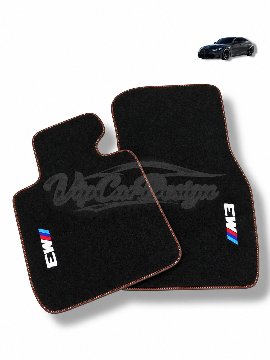 BMW M3 E92 (2007-2013) Custom Fit Velour Floor Mats - M3 Logo - Red Stitching - Front Floor Mats | VipCarDesign