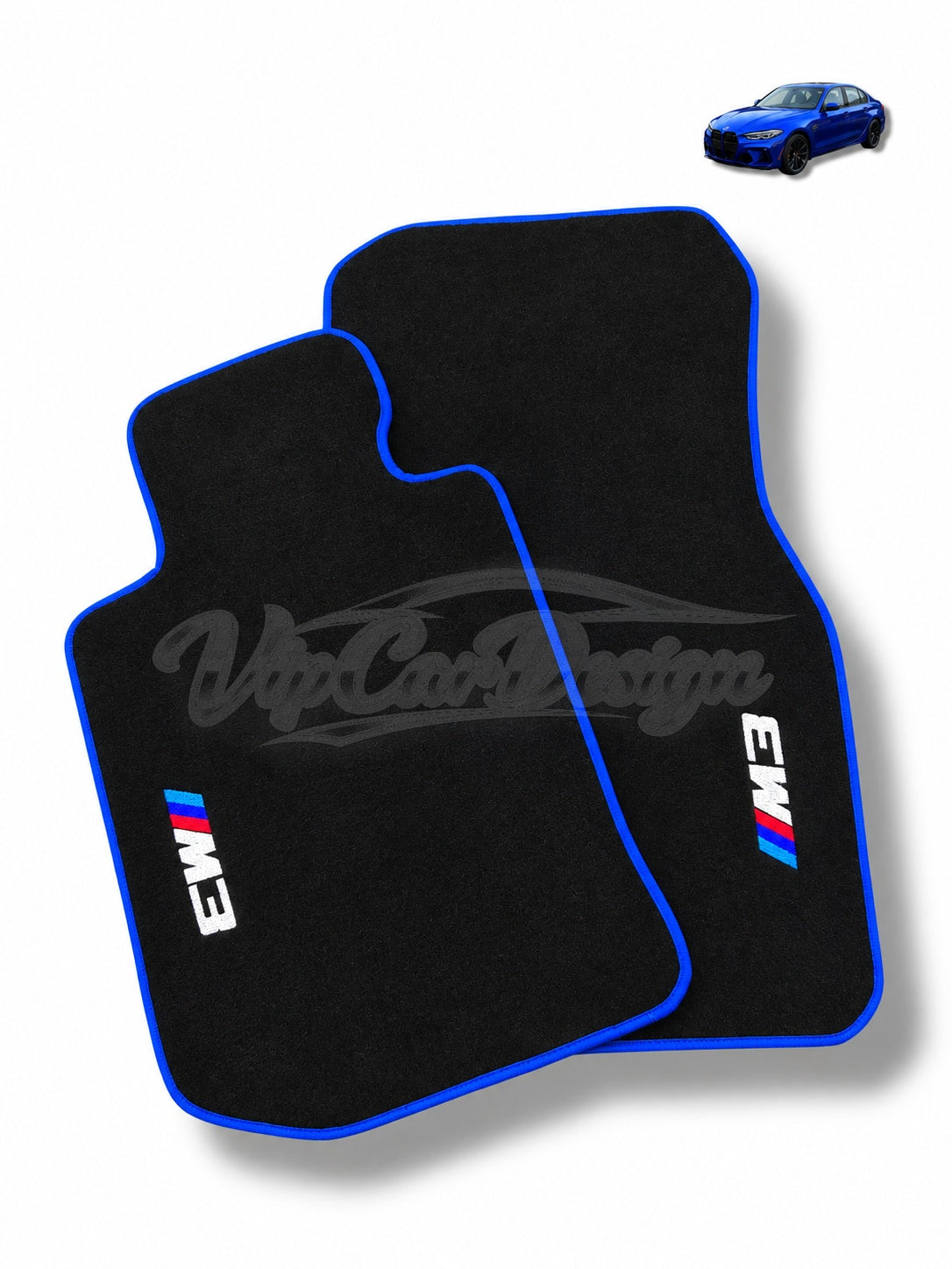 BMW M3 G80 (2021-2025) Custom Fit Velour Floor Mats - M3 Logo - Blue Edging - Front Floor Mats | VipCarDesign
