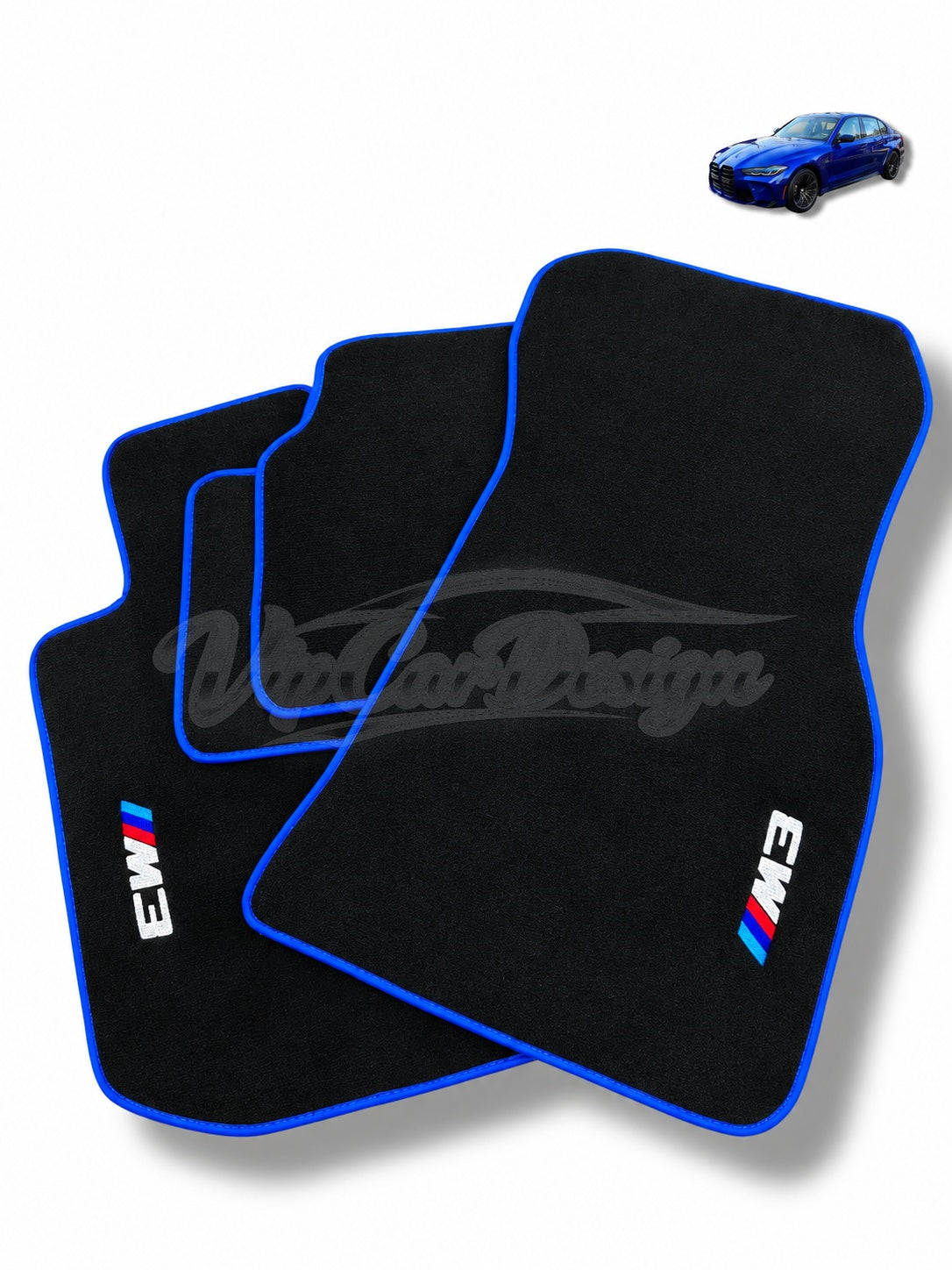 BMW M3 G80 (2021-2025) Custom Fit Velour Floor Mats - M3 Logo - Blue Edging - Complete Set Overview | VipCarDesign