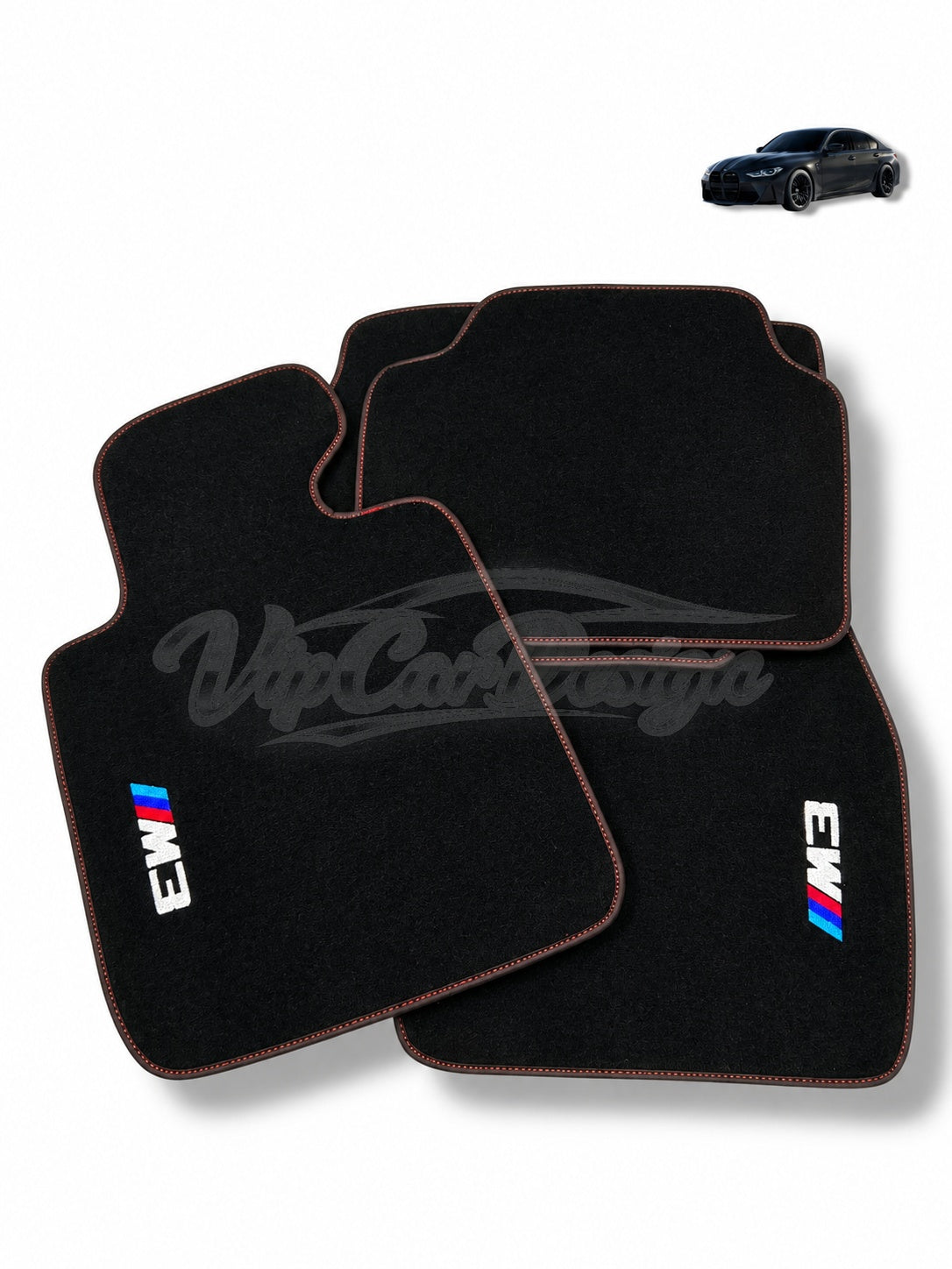 BMW M3 G80 (2021-2025) Custom Fit Velour Floor Mats - M3 Logo - Red Stitching - Complete Set Overview | VipCarDesign
