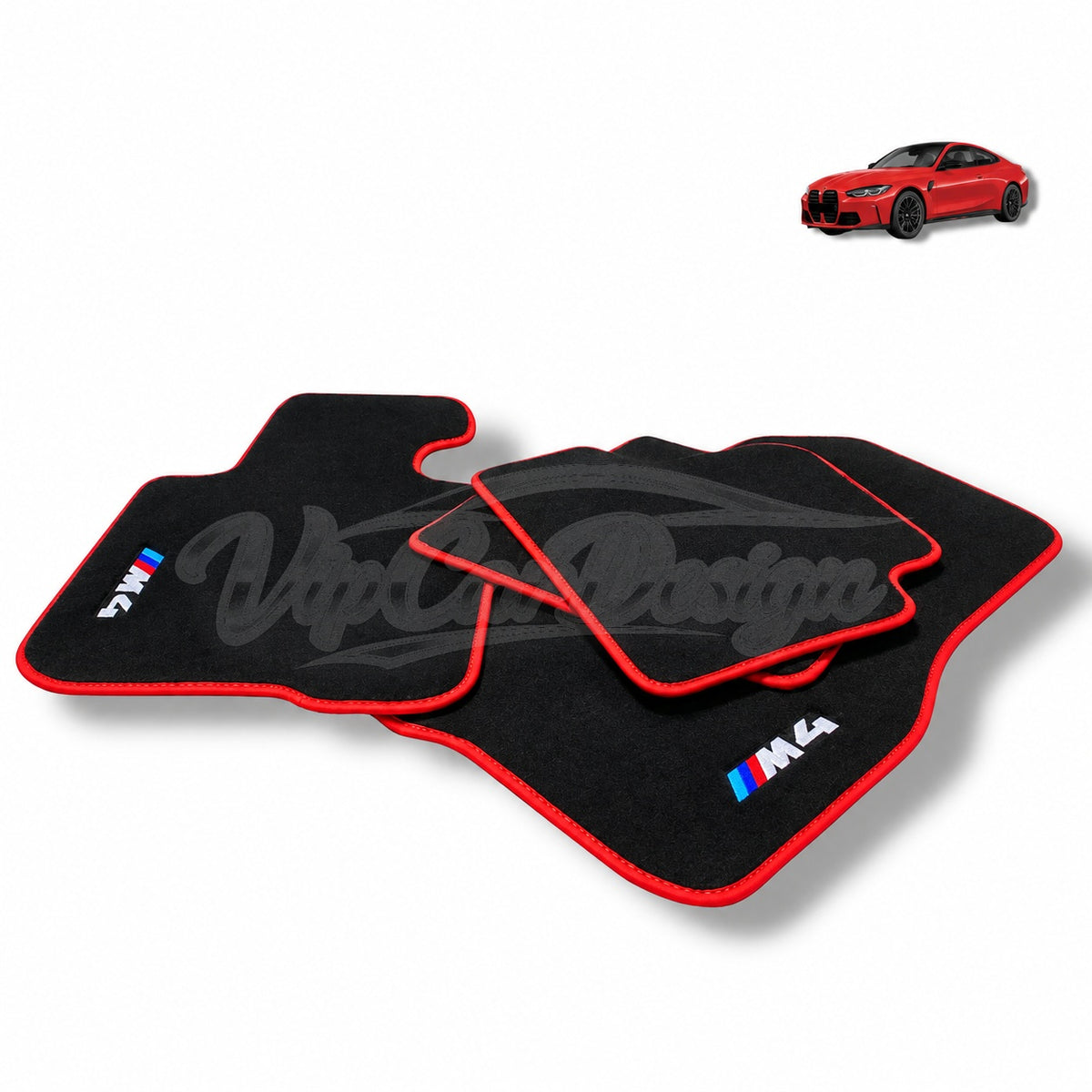 BMW M4 G82 (2021-2025) Custom Fit Velour Floor Mats - M4 Logo - Red Edging - Complete Set Overview | VipCarDesign