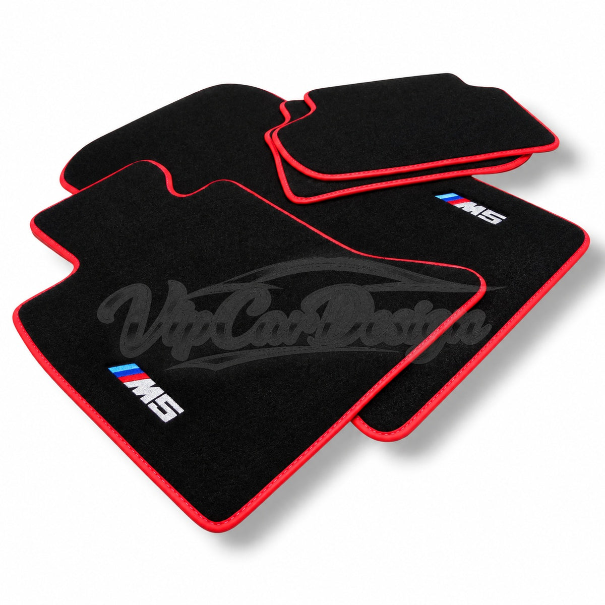BMW M5 E34 (1989-1995) Custom Fit Velour Floor Mats - M5 Logo - Red Edging - Complete Set Overview | VipCarDesign