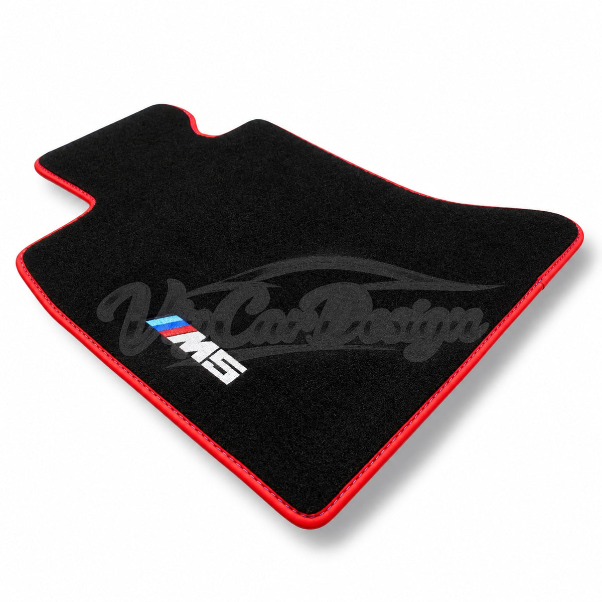 BMW M5 E39 (1998-2003) Custom Fit Velour Floor Mats - M5 Logo - Red Edging - Single Mat Detail | VipCarDesign