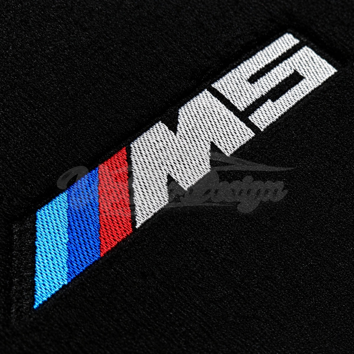 BMW M5 Series F90 (2018-2024) Custom Fit Velour Floor Mats - M5 Logo - Red Edging - Embroidered Logo Detail | VipCarDesign