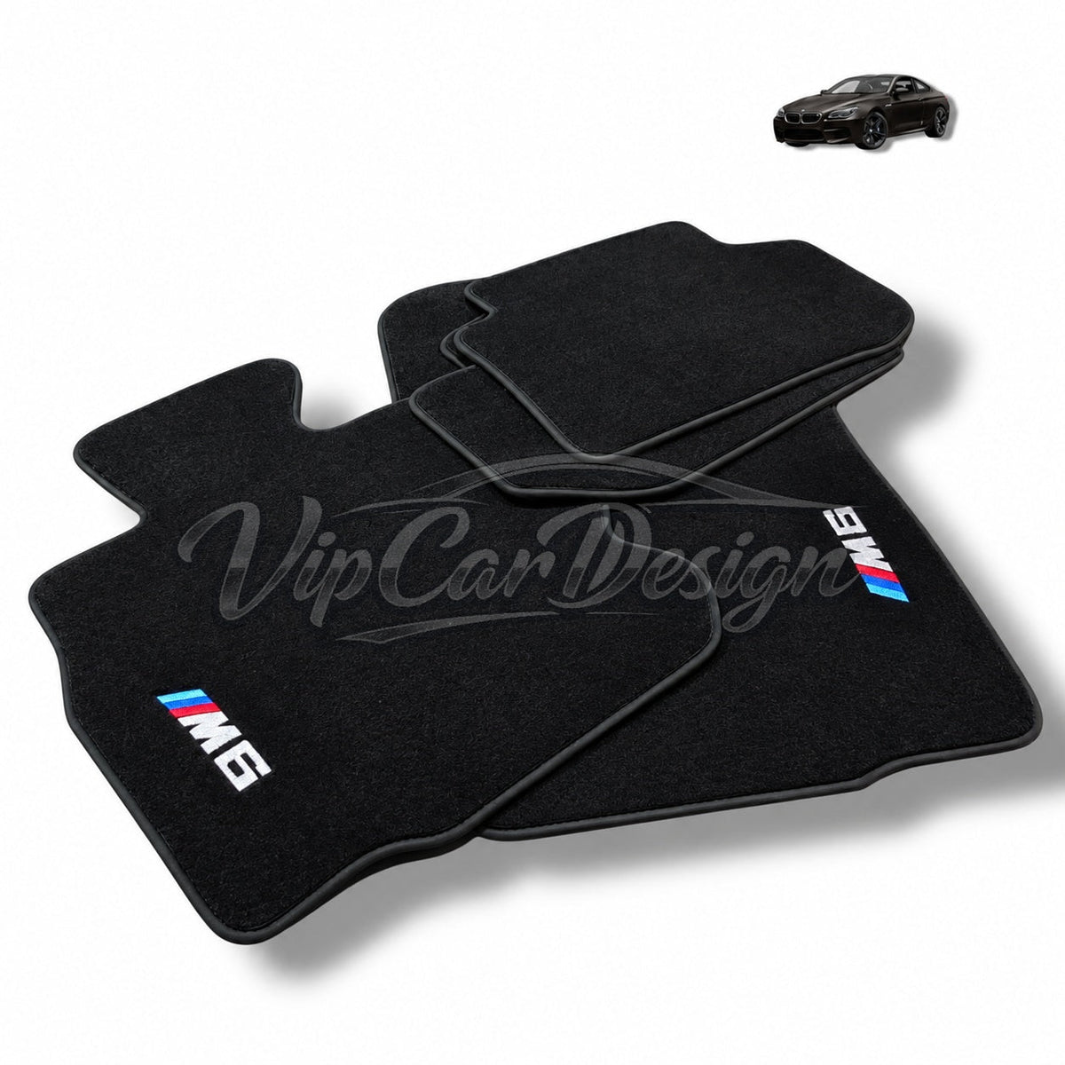 BMW M6 F12 (2012-2018) Custom Fit Floor Mats M6 Logo - Full Set Angled View | VipCarDesign