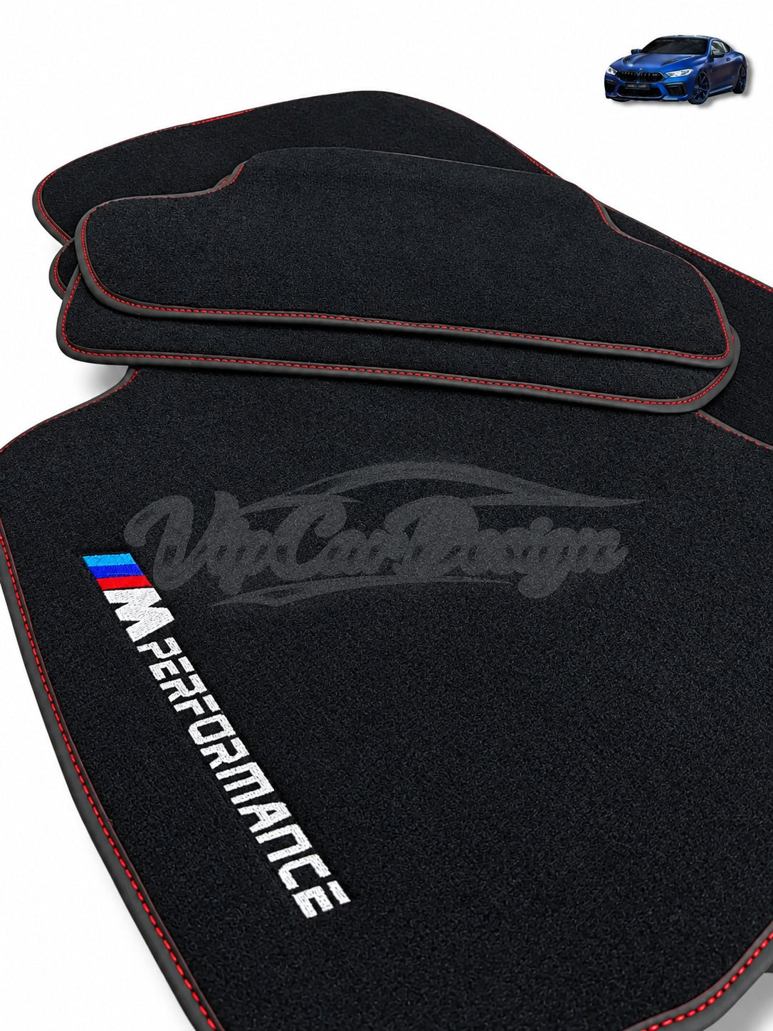 BMW M6 E63 Coupe (2005-2010) Custom Fit Velour Floor Mats - M Performance Logo - Red Stitching - Full Set Angled View | VipCarDesign