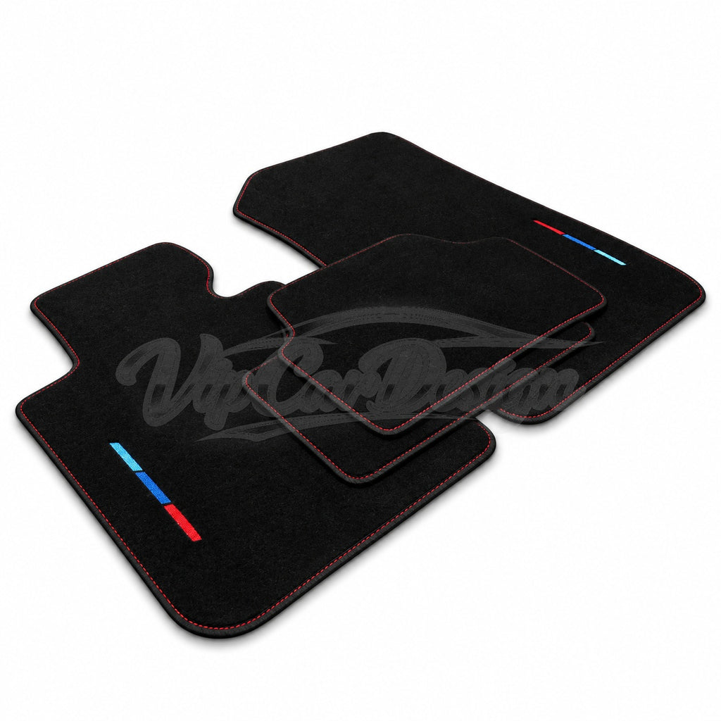 BMW X2 Custom Fit Velour Floor Mats - M Stripes Logo - Red Stitching - Complete Set Overview | VipCarDesign