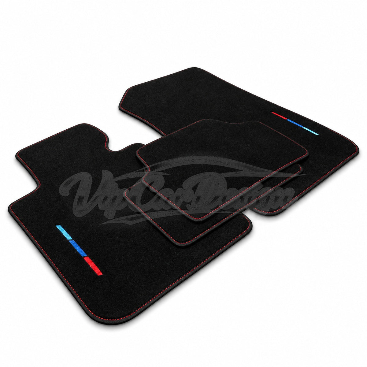 BMW X2 Custom Fit Velour Floor Mats - M Stripes Logo - Red Stitching - Complete Set Overview | VipCarDesign