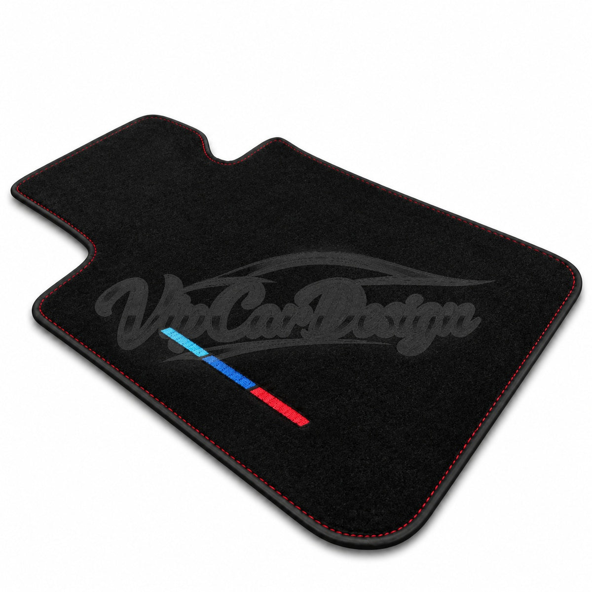 BMW X2 Custom Fit Velour Floor Mats - M Stripes Logo - Red Stitching - Single Mat Detail | VipCarDesign