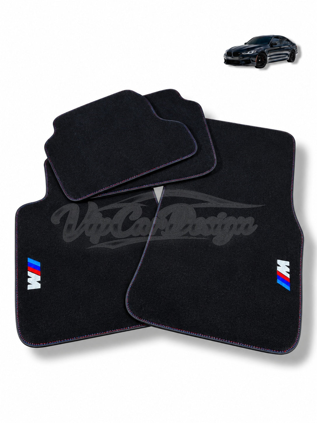 BMW X7 Custom Fit Velour Floor Mats - M Logo - Tricolour Stitching - Complete Set Overview | VipCarDesign