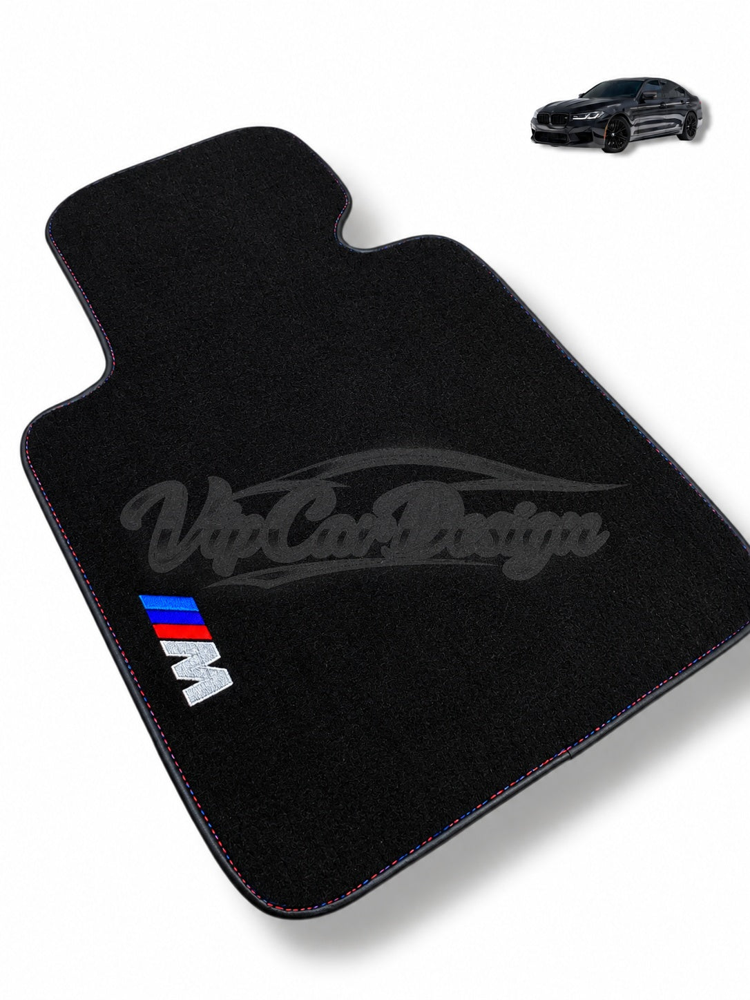 BMW X7 Custom Fit Velour Floor Mats - M Logo - Tricolour Stitching - Single Mat Detail | VipCarDesign