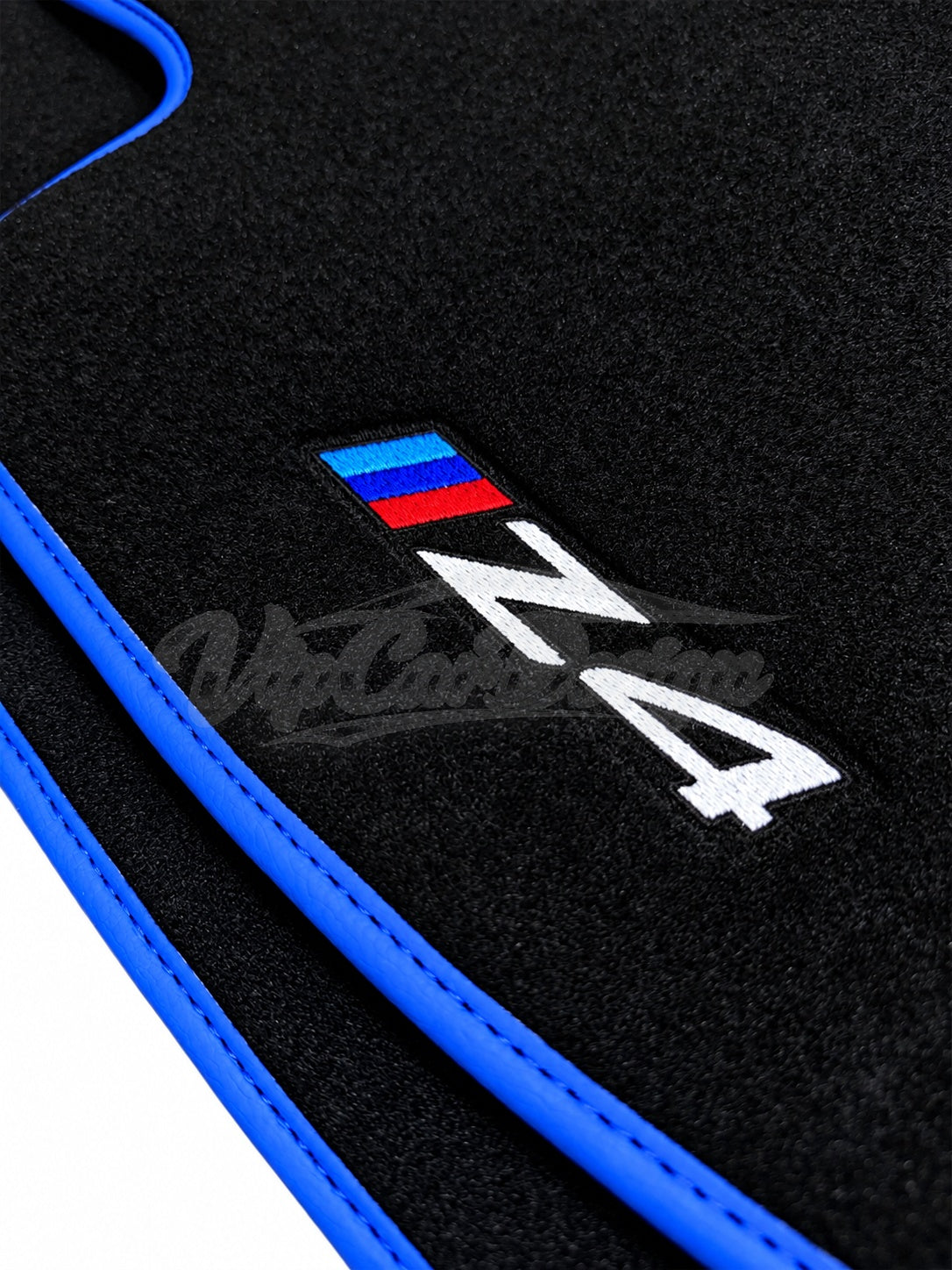 BMW Z4 E85 Convertible (2003-2008) Custom Fit Velour Floor Mats - Z4 Logo - Blue Edging - Embroidered Logo Detail | VipCarDesign
