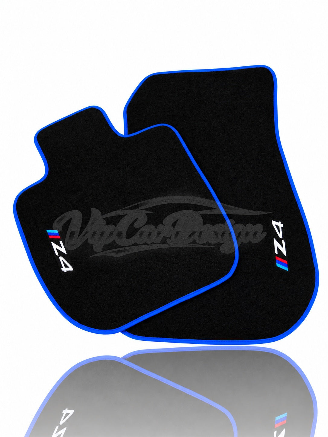 BMW Z4 G29 Convertible (2018-2024) Custom Fit Velour Floor Mats - Z4 Logo - Blue Edging - Full Set Angled View | VipCarDesign
