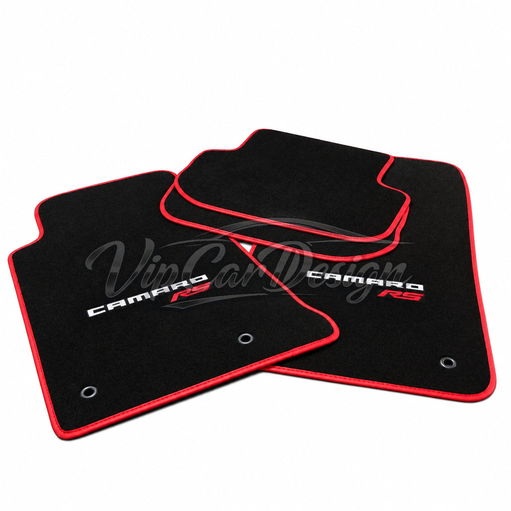 Chevrolet Camaro (1993-2002) Custom Fit Velour Floor Mats - Camaro RS Logo - Full Set Angled View | VipCarDesign