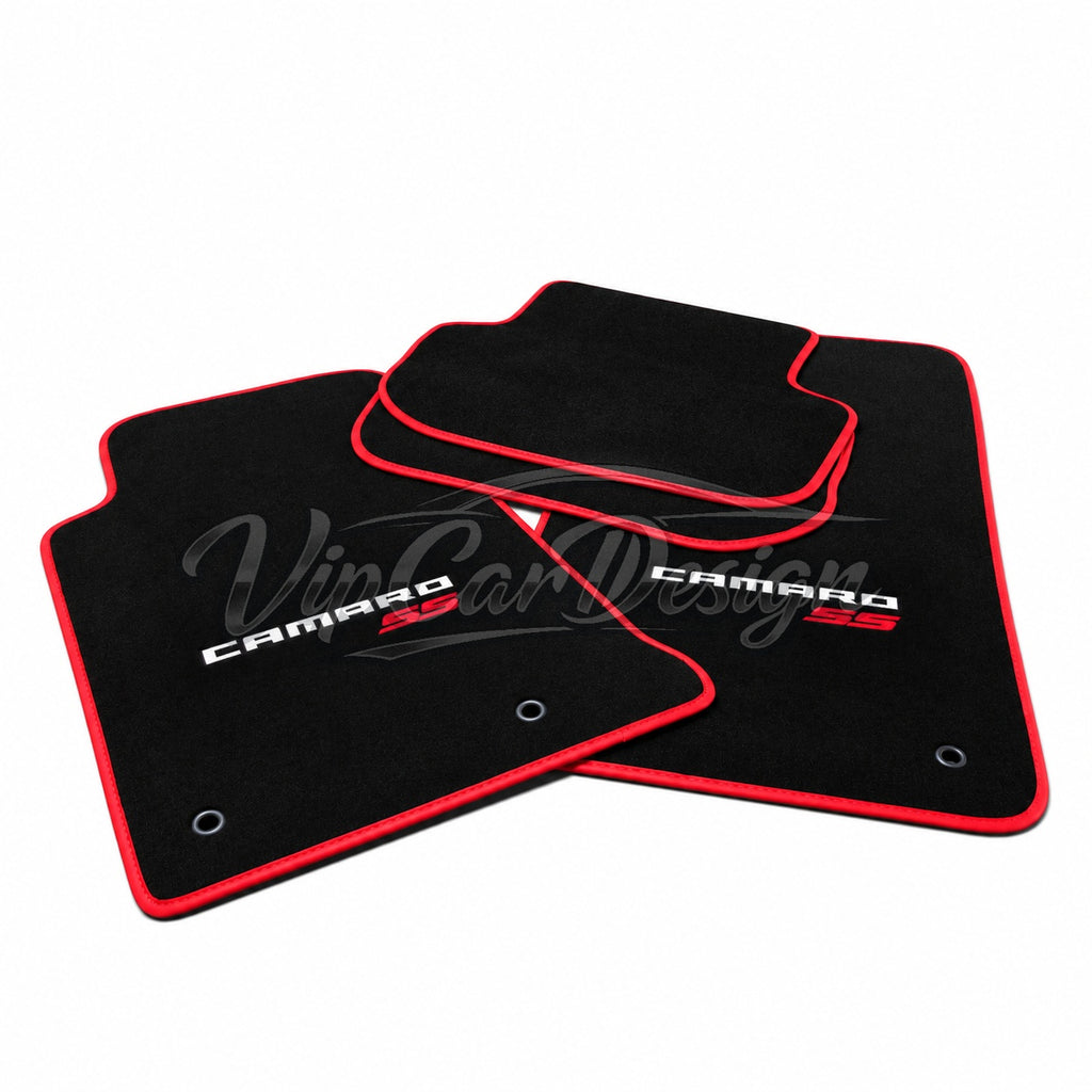 Chevrolet Camaro (1993-2002) Custom Fit Velour Floor Mats - Camaro SS Logo - Full Set Angled View | VipCarDesign