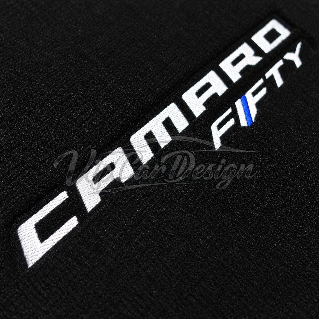 Chevrolet Camaro (2009-2015) Custom Fit Velour Floor Mats - Camaro Fifty Logo with Blue Edging - Embroidered Logo Detail | VipCarDesign