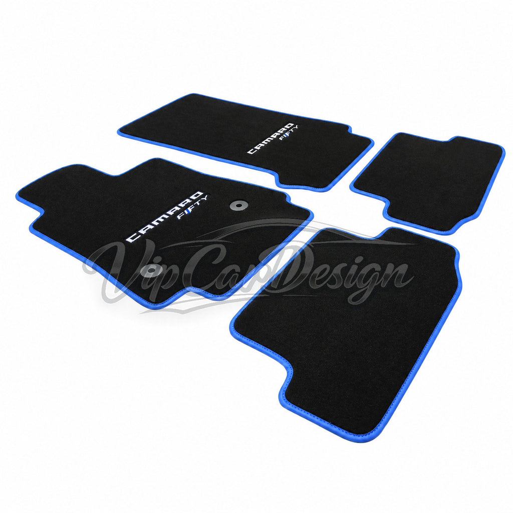 Chevrolet Camaro 2016 and After Custom Fit Velour Floor Mats - Camaro Fifty Logo with Blue Edging - Complete Set Overview | VipCarDesign