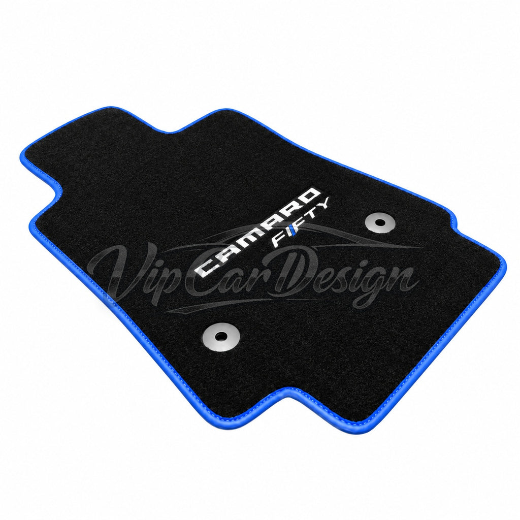 Chevrolet Camaro 2016 and After Custom Fit Velour Floor Mats - Camaro Fifty Logo with Blue Edging - Single Mat Detail | VipCarDesign